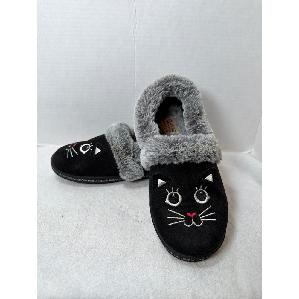 Skechers BOBS Slippers Womens‎ 6.5 Black Cat Faux Fur Pajama Meow Too Cozy